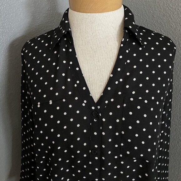 A. Byer Blouse Size Medium Black Polka Dots Roll Tab Sleeves Sheer Lightweight - Picture 2 of 11